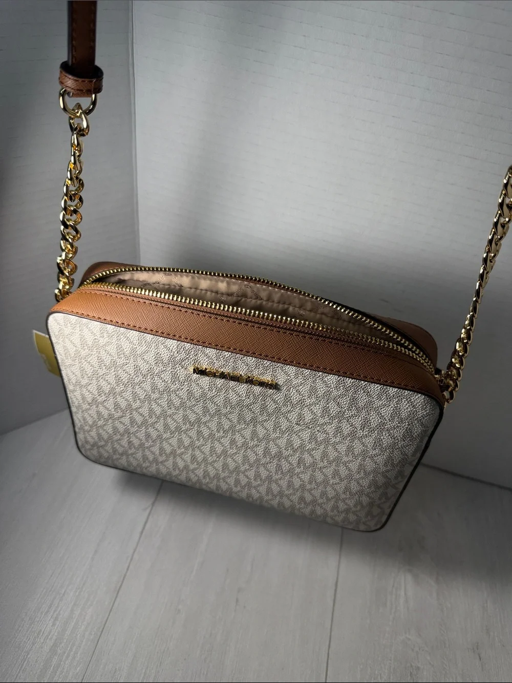Michael Kors Beige Logo Crossbody with Tan Leather & Gold Chain - Picture 12 of 12